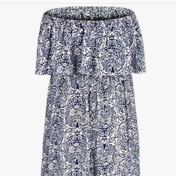 Strapless Ruffle Maxi Dress Size 16 XL Blue & White Rayon Print - Picture 7 of 16